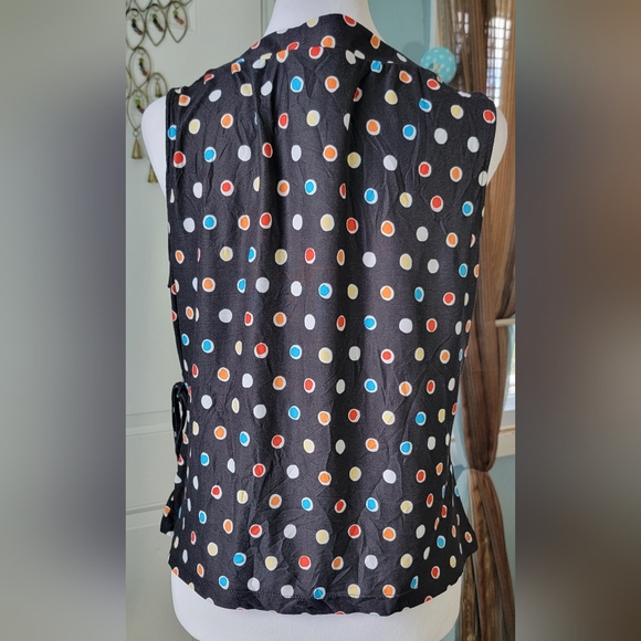 Vintg Y2K Faux Wrap Babydoll Sleevles Blouse Women's XL Black & Multi Polka Dot - Picture 3 of 9